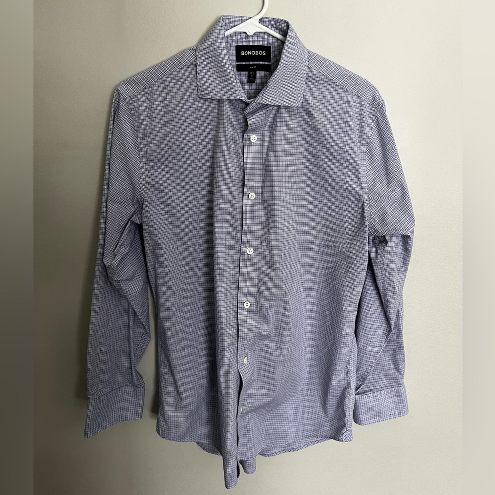 Bonobos Jetsetter Stretch Dress Shirt 15.5” x 33” in Navy Lavender Check